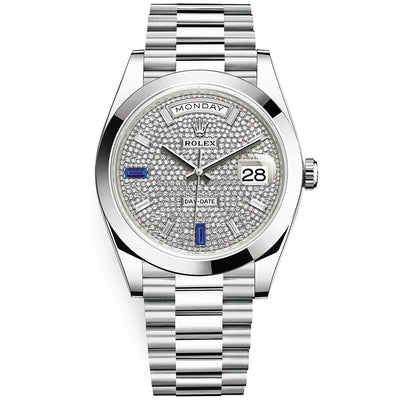 Rolex Day-Date 40 Platinum Presidential 228206 Smooth Bezel Paved / Baguette Diamond Dial
