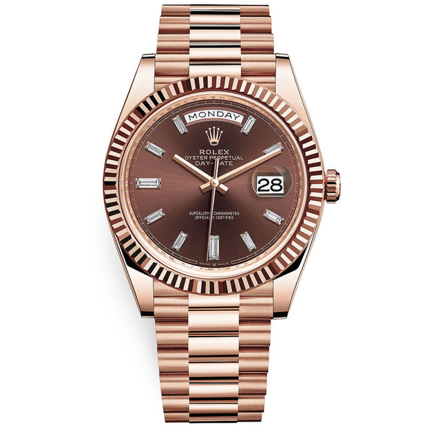 Rolex Day-Date 40 Presidential 228235 Fluted Bezel Baguette Diamond Chocolate Dial