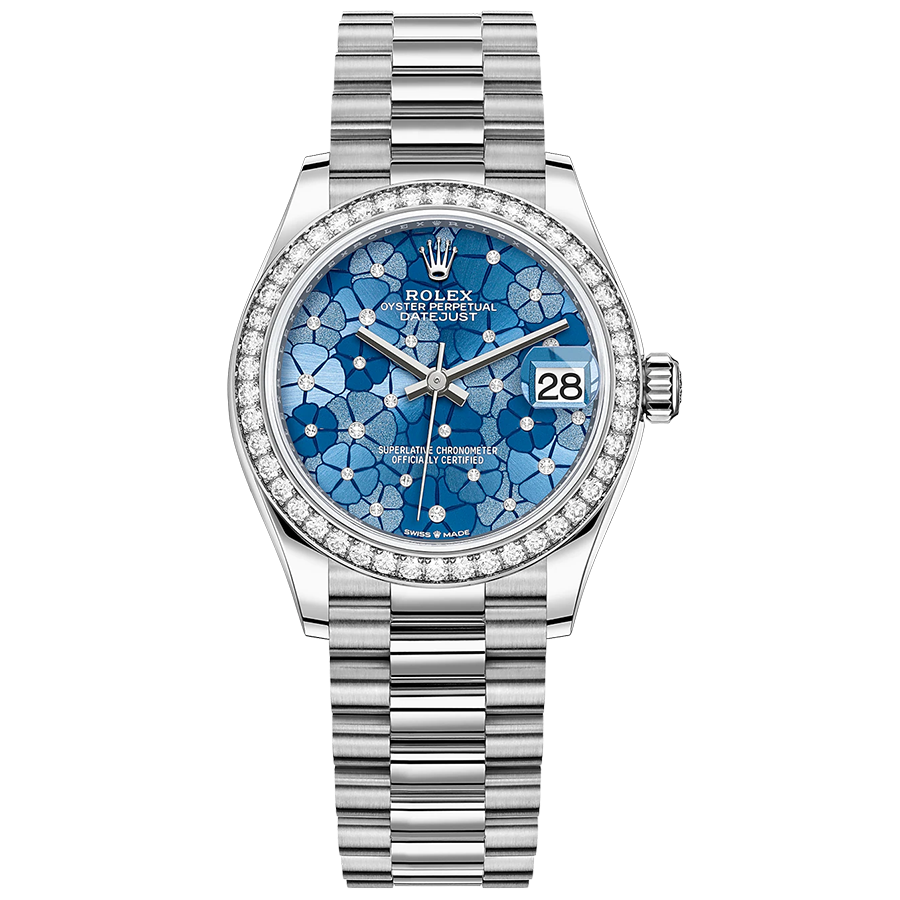Rolex Datejust Azzurro Blue Floral Motif Dial Diamond Bezel 31mm 27828