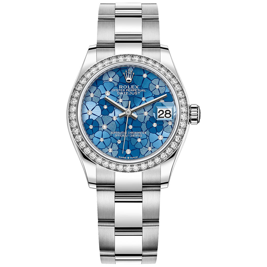 Rolex Datejust Azzurro Blue Floral Motif Dial Diamond Bezel 31mm