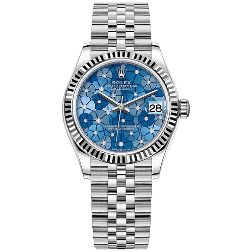 Rolex Datejust Azzurro Blue Floral Motif Dial Fluted Bezel 31mm 278274