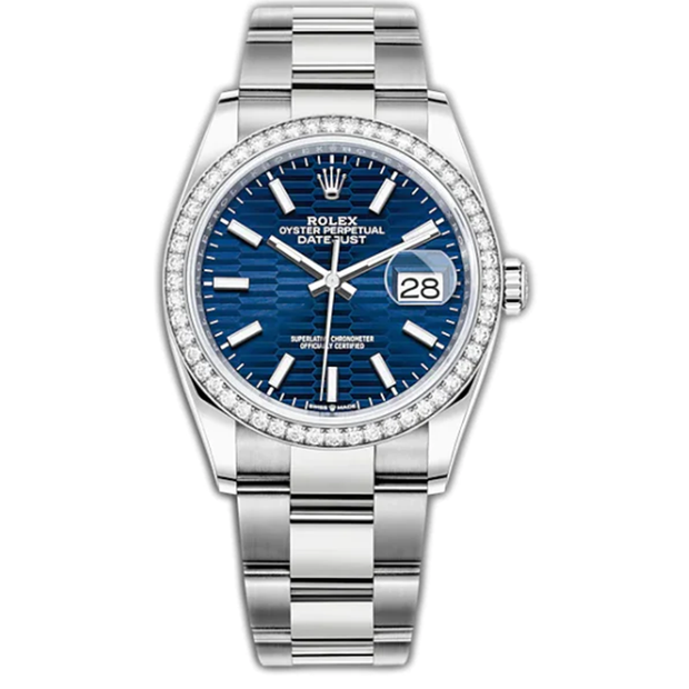 Rolex Datejust Bright Blue Fluted Motif Dial Diamond Bezel 36mm