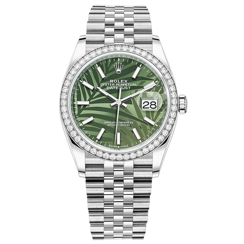 Rolex Datejust Olive Green Palm Motif Dial Diamond Bezel 36mm 126284RBR