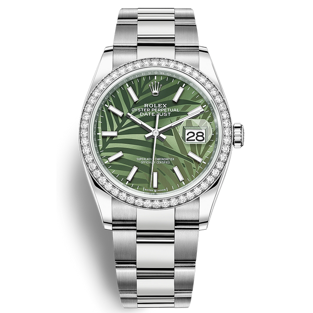 Rolex Datejust Olive Green, Palm Motif Dial Diamond Bezel 36mm 126284RBR\