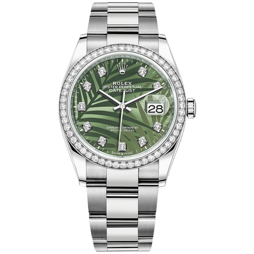 Rolex Datejust Olive Green Palm Motif Diamond Dial Diamond Bezel 36mm 126284RBR