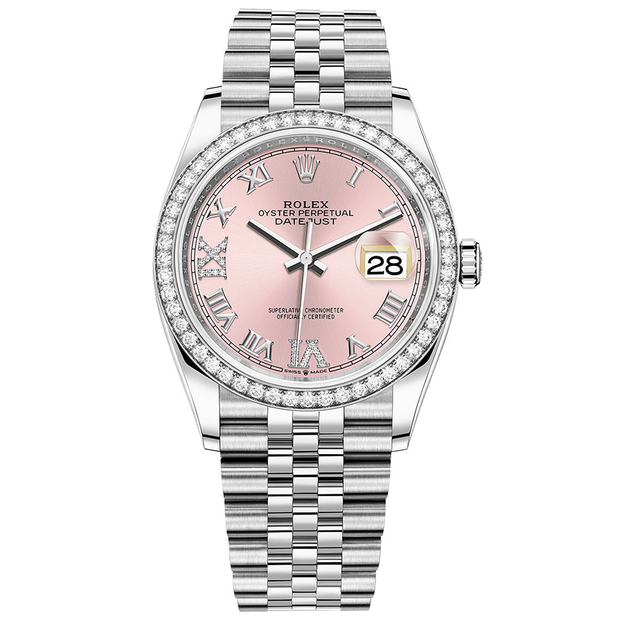 Rolex Datejust Pink Roman Numeral Dial Diamond Bezel 36mm 126284RBR