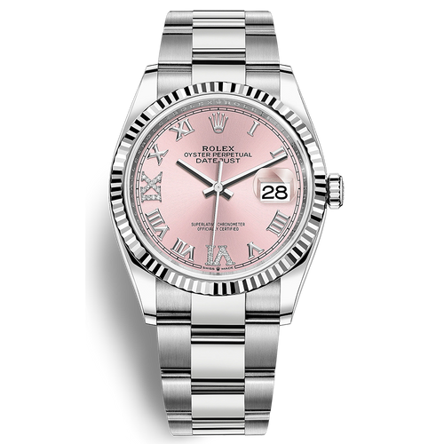 Rolex Datejust II Pink Roman Numeral Diamond Fluted Dial 36mm 126234