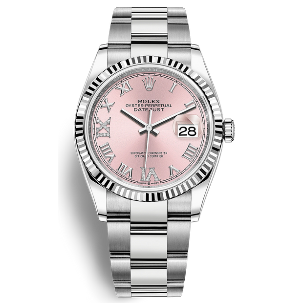 Rolex Datejust II Pink Roman Numeral Diamond Fluted Dial 36mm 126234