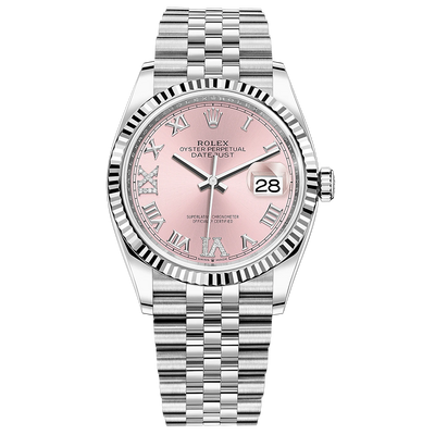 Rolex Datejust Pink Roman Numeral Diamond Dial Fluted Bezel 36mm 126234