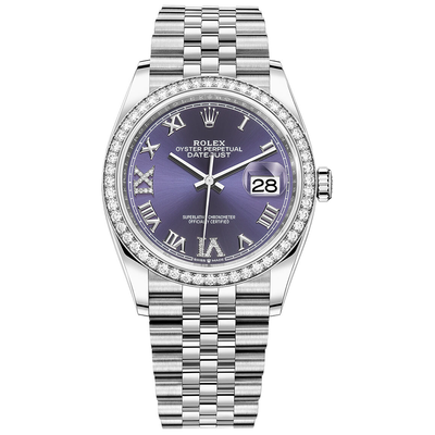 Rolex Datejust Purple Roman Numeral Dial Diamond Bezel 36mm 126284RBR