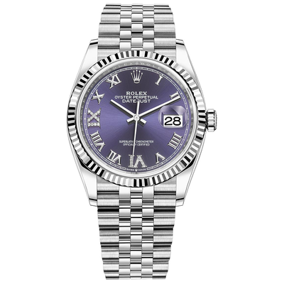 Rolex Datejust Purple Roman Numeral Diamond Dial Fluted Bezel 36mm 126234