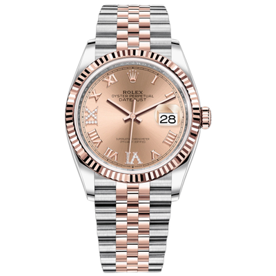 Rolex Datejust Rose Roman Numeral Dial Fluted Bezel 36mm 126231