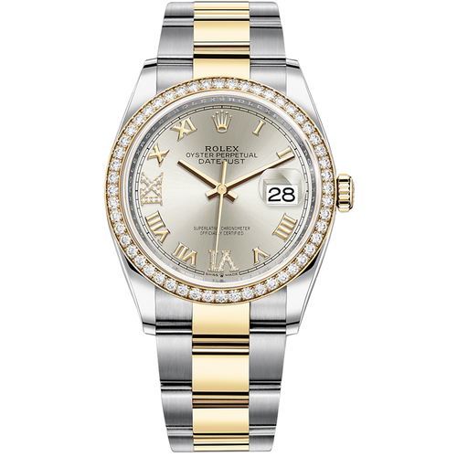 Rolex Datejust Silver Roman Numeral Dial Diamond Bezel 36mm 126283RBR