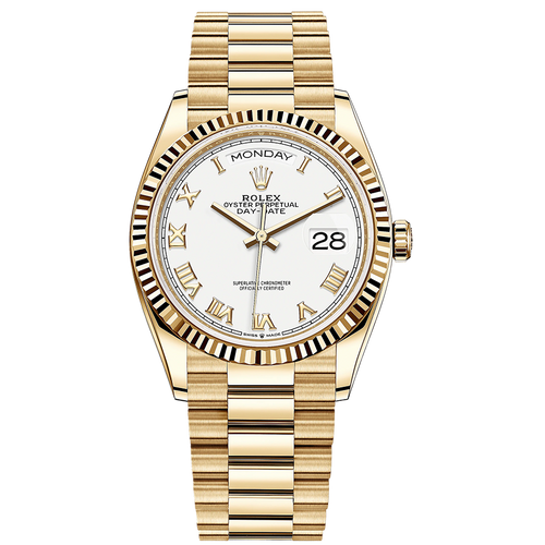 Rolex Day-Date 36mm Presidential 128238 Fluted Bezel White Roman Dial