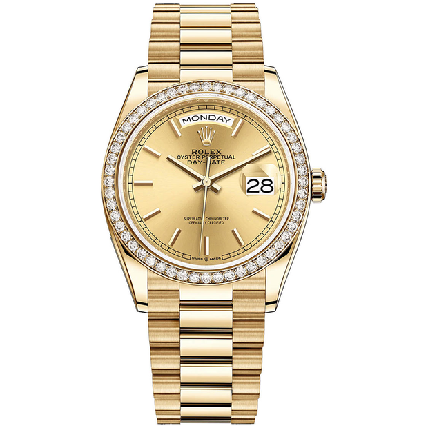 Rolex Day-Date Champagne Dial Diamond Bezel 36mm 128348RBR
