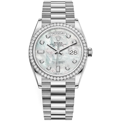Rolex Day-Date Mother Of Pearl Diamond Dial Diamond Bezel 36mm 128349RBR