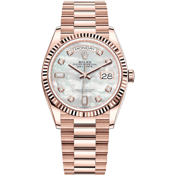 Rolex Day-Date Mother Of Pearl Diamond Dial Fluted Bezel 36mm 128235