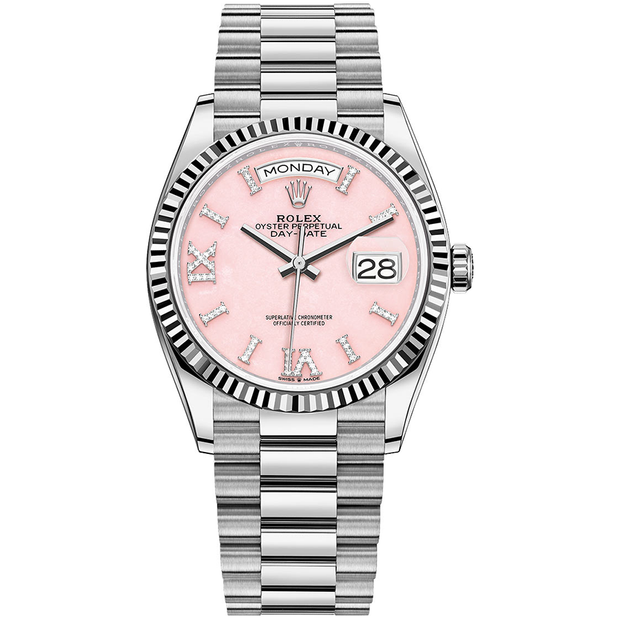 Rolex Day-Date Pink Diamond Roman Numeral Dial Fluted Bezel 36mm 128239