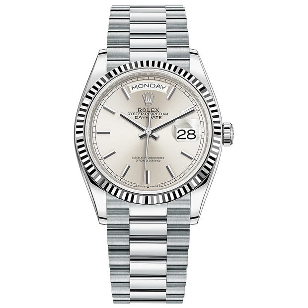 Rolex Day-Date Silver Dial Fluted Bezel 36mm 128236