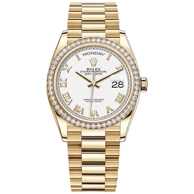 Rolex Day-Date White Roman Numeral Dial Diamond Bezel 36mm 128348RBR
