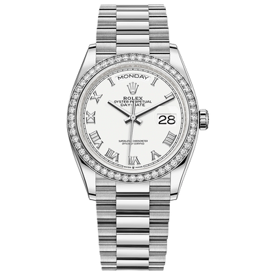 Rolex Day-Date White Roman Numeral Dial Diamond Bezel 36mm 128349RBR
