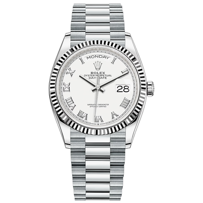 Rolex Day-Date White Roman Numeral Dial Fluted Bezel 36mm 128236