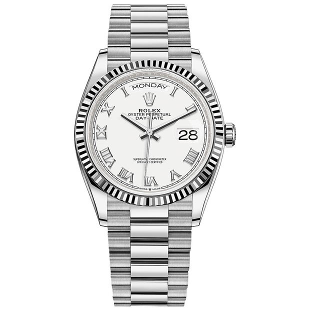 Rolex Day-Date White Roman Numeral Dial Fluted Bezel 36mm 128239