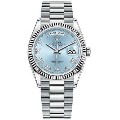 Rolex Day-Date Ice Blue Roman Numeral Dial Fluted Bezel 36mm 128236