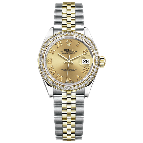 Rolex Lady-Datejust Champagne Roman Numeral Dial Diamond Bezel 28mm 279383RBR