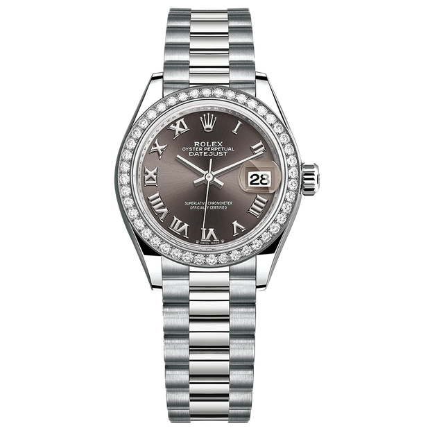 Rolex Lady-Datejust Dark Grey Roman Numeral Dial Diamond Bezel 28mm 279139RBR