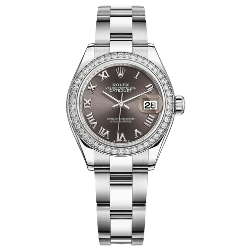 Rolex Lady-Datejust Dark Grey Roman Numeral Dial Diamond Bezel 28mm 279384RBR