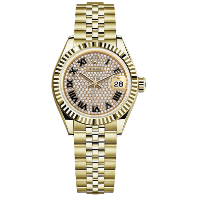Rolex Lady-Datejust Diamond-Paved Roman Numeral Dial Fluted Bezel 28mm 279178