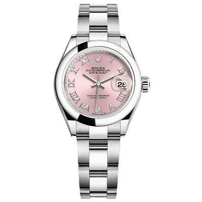 Rolex Lady-Datejust Pink Roman Numeral Dial Domed Bezel 28mm 279160
