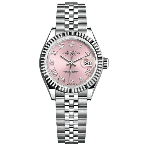 Rolex Lady-Datejust Pink Roman Numeral Dial Fluted Bezel 28mm 279174