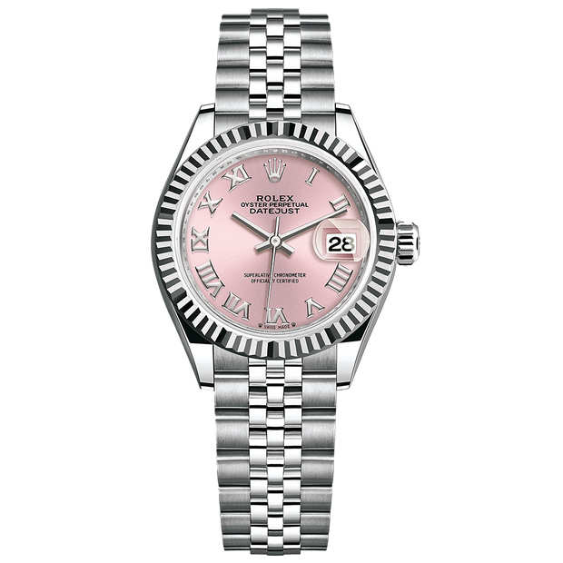 Rolex Lady-Datejust Pink Roman Numeral Dial Fluted Bezel 28mm 279174