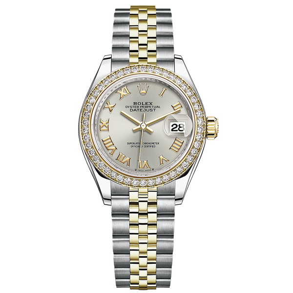 Rolex Lady-Datejust Silver Roman Numeral Dial Diamond Bezel 28mm 27938