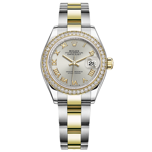 Rolex Lady-Datejust Silver Roman Numeral Dial Diamond Bezel 28mm 279383RBR