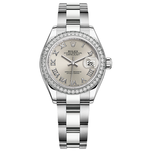 Rolex Lady-Datejust Silver Roman Numeral Dial Diamond Bezel 28mm 279384RBR