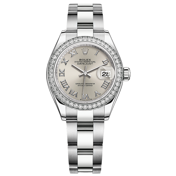 Rolex Lady-Datejust Silver Roman Numeral Dial Diamond Bezel 28mm 279384RBR