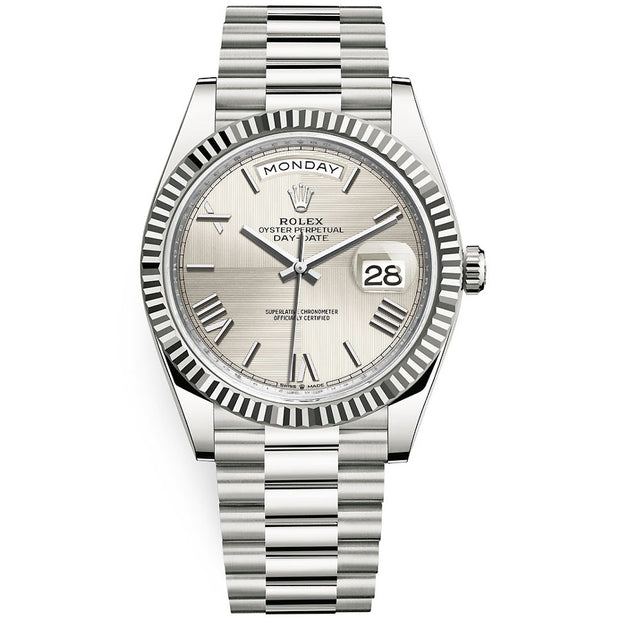Rolex Day-Date 40 Presidential 228239 Fluted Bezel Silver Quadrant Motif Dial