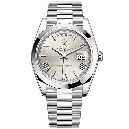 Rolex Day-Date 40 Platinum Presidential 228206 Smooth Bezel Silver Quadrant Motif Dial