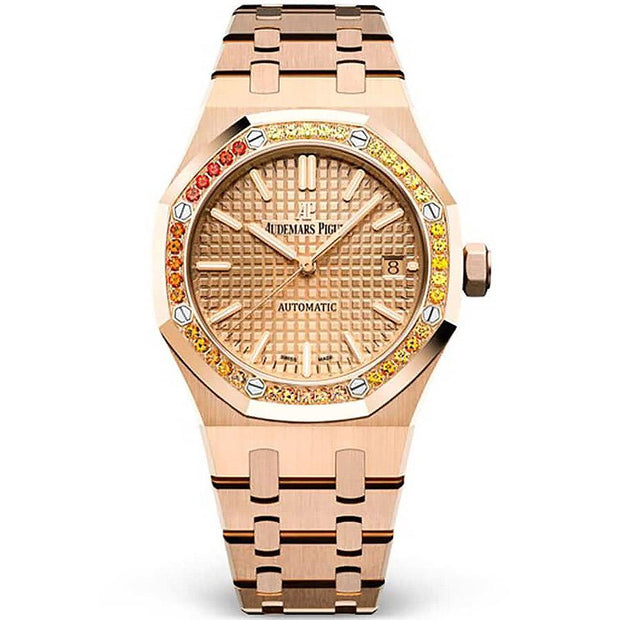 Audemars Piguet Royal Oak 37mm 15451OR Orange Sapphire Bezel Pink Gold Toned Dial-First Class Timepieces