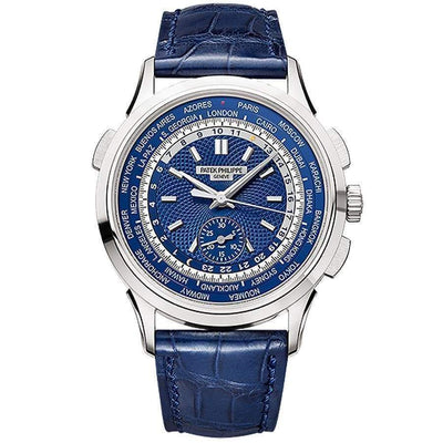 Patek Philippe World Time Chronograph Complication 39mm 5930G Blue Dial - First Class Timepieces