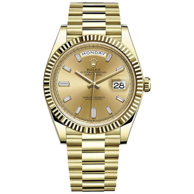 Rolex Day-Date 40 228238 Fluted Bezel Baguette Diamond Champagne Dial