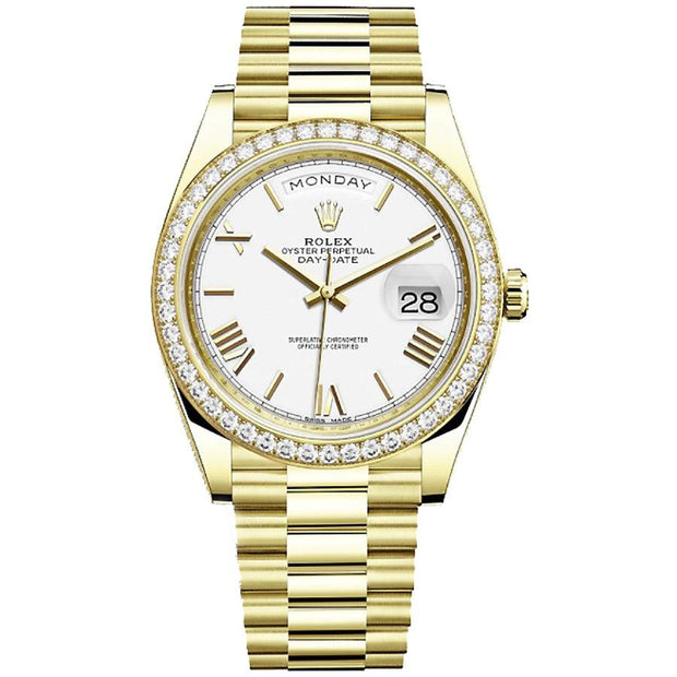 Rolex Day-Date 40 228348 Diamond Bezel White Dial-First Class Timepieces