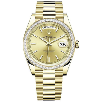 Rolex Day-Date 40 228398 Baguette Diamond Bezel Champagne Dial-First Class Timepieces