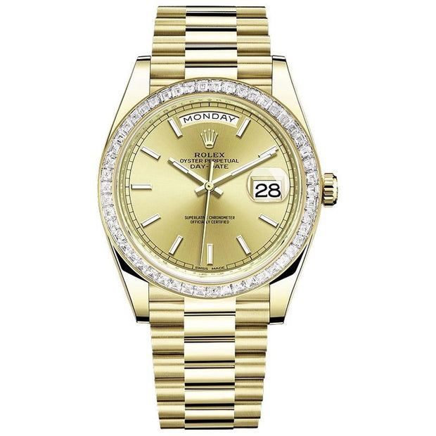 Rolex Day-Date 40 228398 Baguette Diamond Bezel Champagne Dial-First Class Timepieces