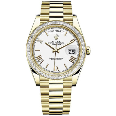 Rolex Day-Date 40 228398 Baguette Diamond Bezel White Dial-First Class Timepieces
