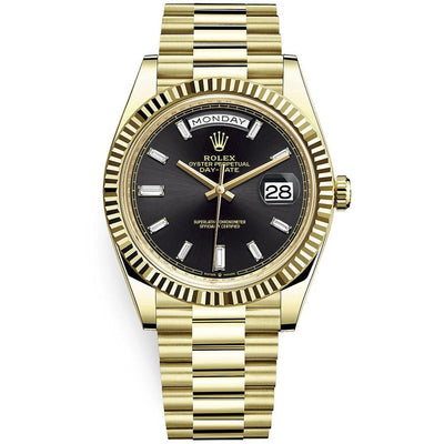 Rolex Day-Date 40 Presidential 228238 Fluted Bezel Baguette Diamond Black Dial-First Class Timepieces