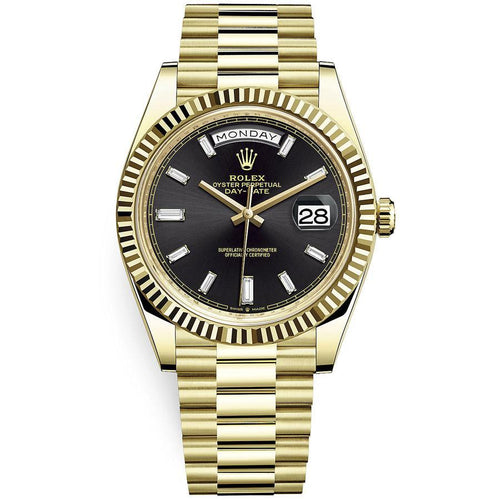 Rolex Day-Date 40 Presidential 228238 Fluted Bezel Baguette Diamond Black Dial-First Class Timepieces